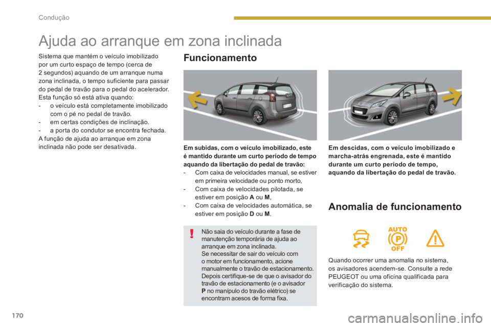 PEUGEOT 5008 2014  Manual de utilização (in Portuguese) Condução
170
   
 
 
 
 
 
 
 
 
 
 
 
 
 
Ajuda ao arranque em zona inclinada 
 
 
Funcionamento 
 
 
Em subidas, com o veículo imobilizado, este 
é mantido durante um cur to período de tempo 
a