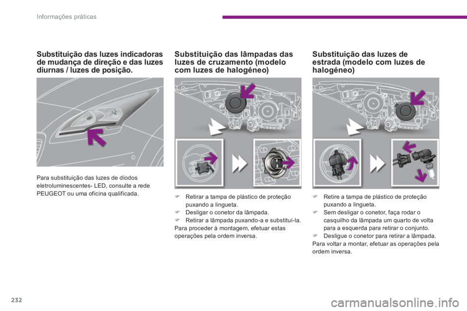 PEUGEOT 5008 2014  Manual de utilização (in Portuguese) Informações práticas
232
   
 
 
 
 
 
Substituição das luzes de 
estrada (modelo com luzes de 
halogéneo)     
 
 
 
 
 
 
 
 
Substituição das lâmpadas das 
luzes de cruzamento (modelo 
com
