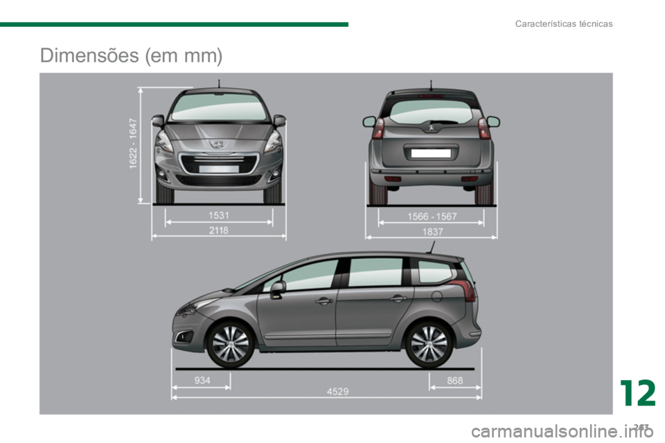 PEUGEOT 5008 2014  Manual de utilização (in Portuguese) 12
Características técnicas
263
   
 
 
 
 
Dimensões (em mm)  