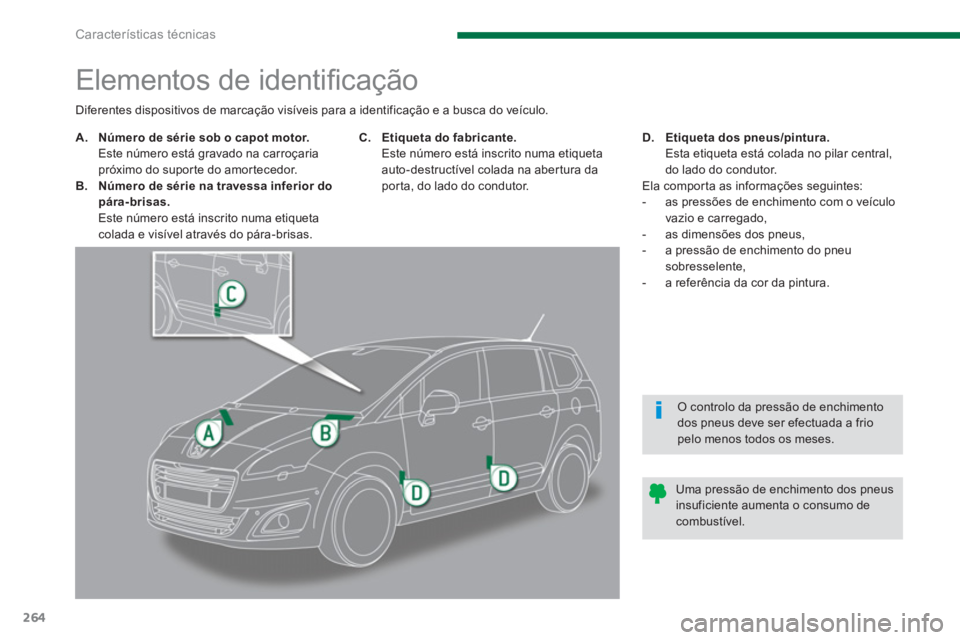 PEUGEOT 5008 2014  Manual de utilização (in Portuguese) Características técnicas
264
   
 
 
 
 
 
 
 
 
 
 
 
 
 
 
 
 
 
 
 
 
 
 
Elementos de identiﬁ cação 
 
 
 
 
A. 
  Número de série sob o capot motor. 
   
  Este número está gravado na c