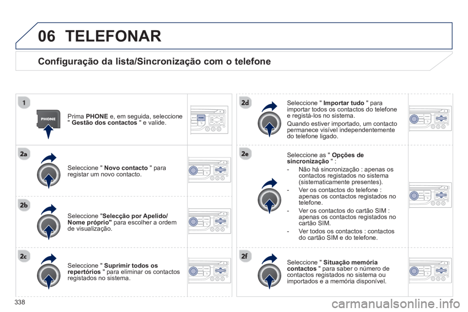 PEUGEOT 5008 2014  Manual de utilização (in Portuguese) 338
06  TELEFONAR 
 
 
Configuração da lista/Sincronização com o telefone 
 
 
Prima  PHONE 
 e, em seguida, seleccione 
"  Gestão dos contactos 
 " e valide.  
   
Seleccione "  Novo contacto 
 