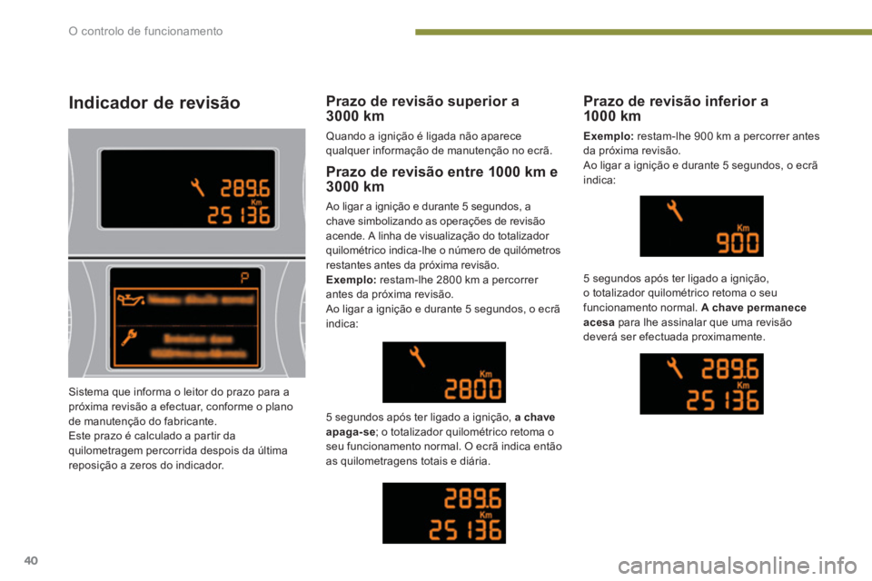 PEUGEOT 5008 2014  Manual de utilização (in Portuguese) O controlo de funcionamento
40
   
 
 
 
 
 
Indicador de revisão 
 
 
Prazo de revisão entre 1000 km e 
3000 km 
  Ao ligar a ignição e durante 5 segundos, a 
chave simbolizando as operações de