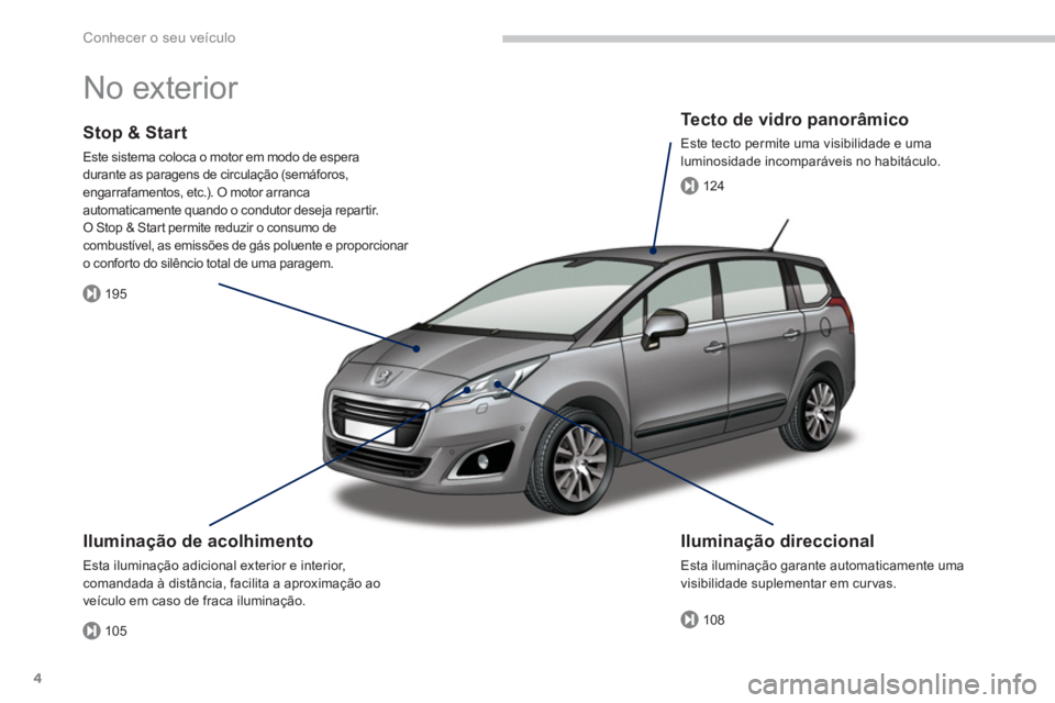 PEUGEOT 5008 2014  Manual de utilização (in Portuguese) 105
195
108
124
Conhecer o seu veículo
4
  No exterior  
 
 
Iluminação de acolhimento 
 
Esta iluminação adicional exterior e interior, 
comandada à distância, facilita a aproximação ao 
ve