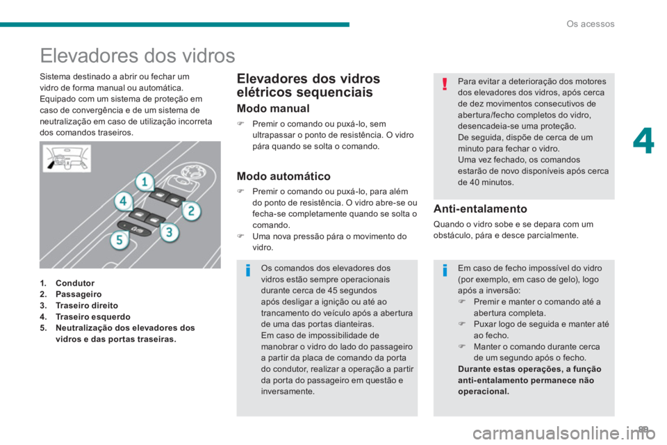 PEUGEOT 5008 2014  Manual de utilização (in Portuguese) 4
Os acessos
89
   
 
 
 
 
 
 
 
 
 
 
 
 
 
 
 
 
Elevadores dos vidros  
 
 
 
 
1.  Condutor 
   
2.  Passageiro 
   
3.  Traseiro direito 
   
4. 
  Tr a s e i r o  e s q u e r d o 
 
   
5. 
  N