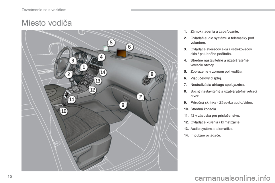 PEUGEOT 5008 2014  Návod na použitie (in Slovakian) Zoznámenie sa s vozidlom
10
  Miesto vodiča 
 
 
 
 
1. 
  Zámok riadenia a zapaľovanie. 
   
2. 
 Ovládač audio systému a telematiky pod 
volantom. 
   
3. 
 Ovládače stieračov skla / ostre