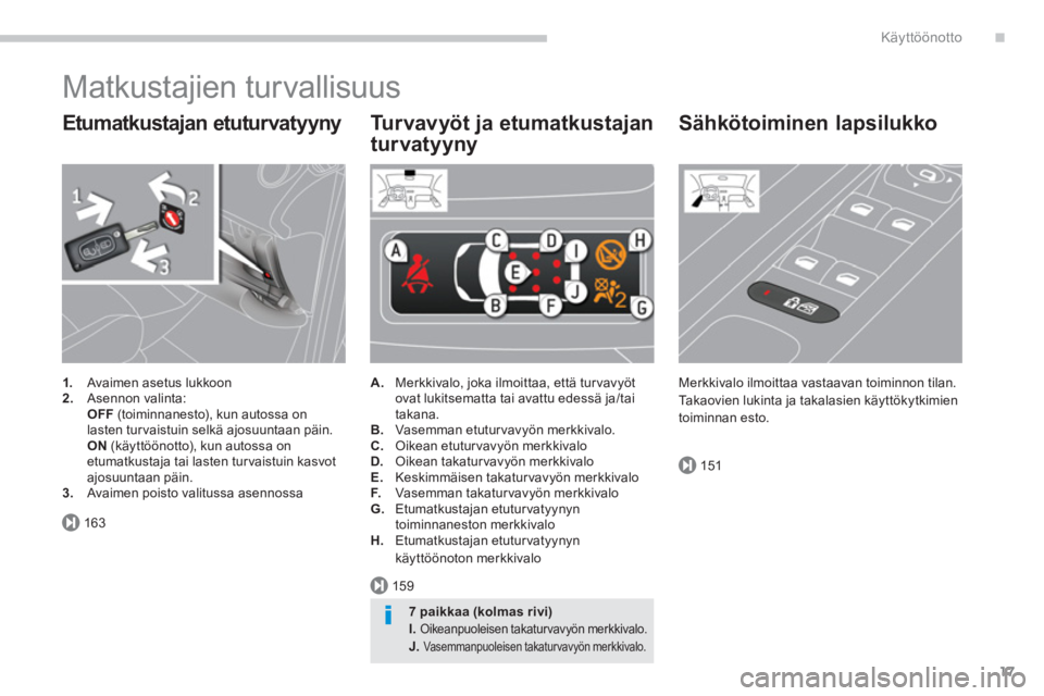 PEUGEOT 5008 2014  Omistajan Käsikirja (in Finnish) .
163
159
151
Käyttöönotto
17
  Matkustajien turvallisuus 
 
 
Etumatkustajan etuturvatyyny 
 
 
 
1. 
  Avaimen asetus lukkoon 
   
2. 
 Asennon valinta:  
    OFF 
 (toiminnanesto), kun autossa o