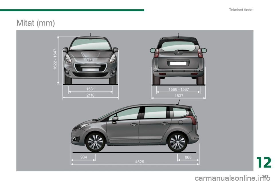 PEUGEOT 5008 2014  Omistajan Käsikirja (in Finnish) 12
Te k n i s e t  t i e d o t
263
   
 
 
 
 
Mitat (mm)  