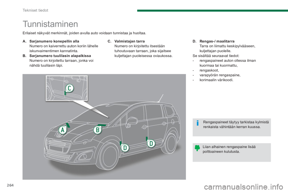 PEUGEOT 5008 2014  Omistajan Käsikirja (in Finnish) Te k n i s e t  t i e d o t
264
   
 
 
 
 
 
 
 
 
 
 
 
 
 
 
 
 
 
 
 
 
 
Tu n n i s t a m i n e n  
 
 
 
 
A. 
  Sarjanumero konepellin alla 
   
  Numero on kaiverrettu auton koriin lähelle 
i