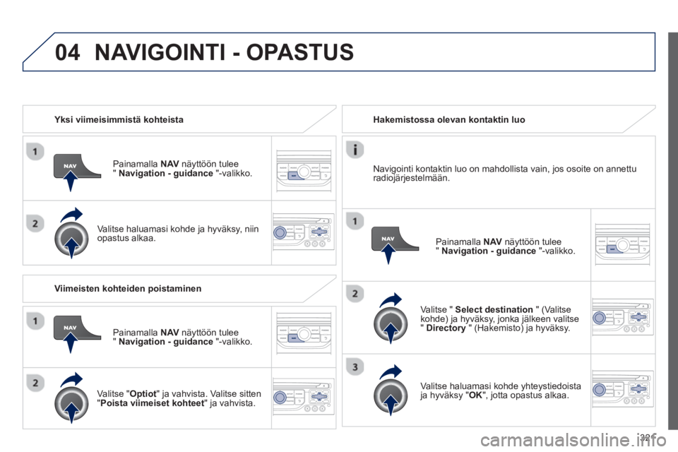 PEUGEOT 5008 2014  Omistajan Käsikirja (in Finnish) 321
04
   
 
Yksi viimeisimmistä kohteista  
   
Painamalla  NAV 
 näyttöön tulee 
"  Navigation - guidance 
 "-valikko.  
   
Valitse haluamasi kohde ja hyväksy, niin 
opastus alkaa.  
    
 
Ha