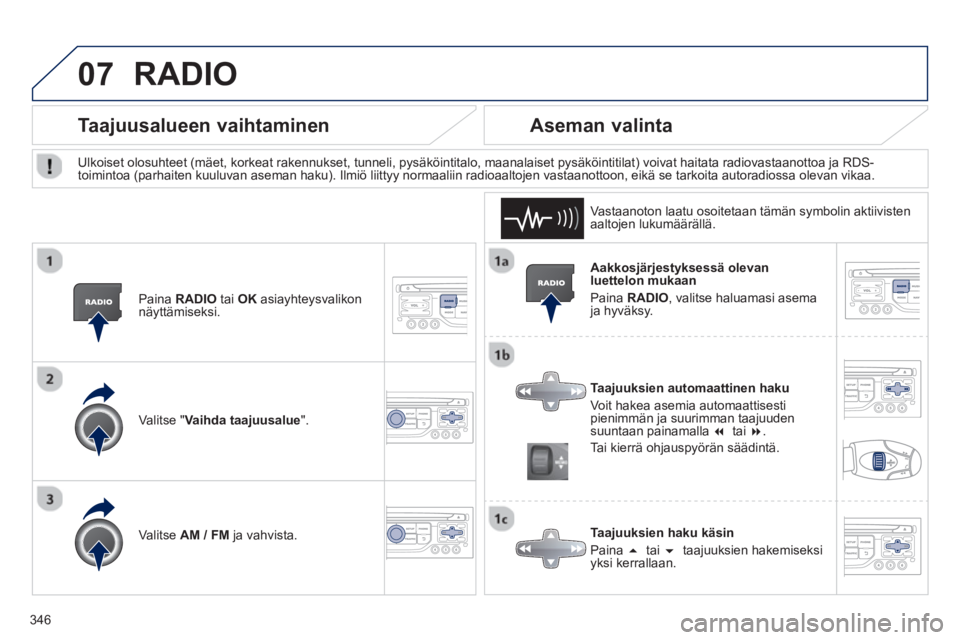 PEUGEOT 5008 2014  Omistajan Käsikirja (in Finnish) 346
07
   
Aakkosjärjestyksessä olevan 
luettelon mukaan 
  Paina  RADIO 
, valitse haluamasi asema 
ja hyväksy.  
   
Taajuuksien automaattinen haku 
  Voit hakea asemia automaattisesti 
pienimmä