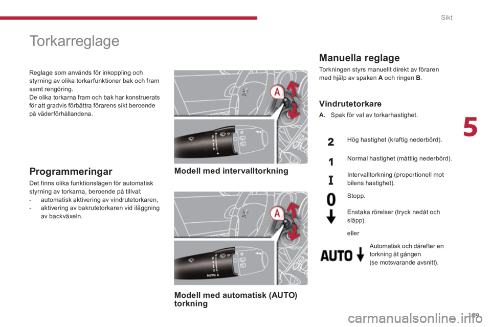 PEUGEOT 5008 2014  Bruksanvisningar (in Swedish) 5
Sikt
109
   
 
 
 
 
 
 
 
To r k a r r e g l a g e  
 
 
 
Modell med intervalltorkning  
 
   
 
Modell med automatisk (AUTO) 
torkning  
  
 
Programmeringar 
 
Det finns olika funktionslägen f