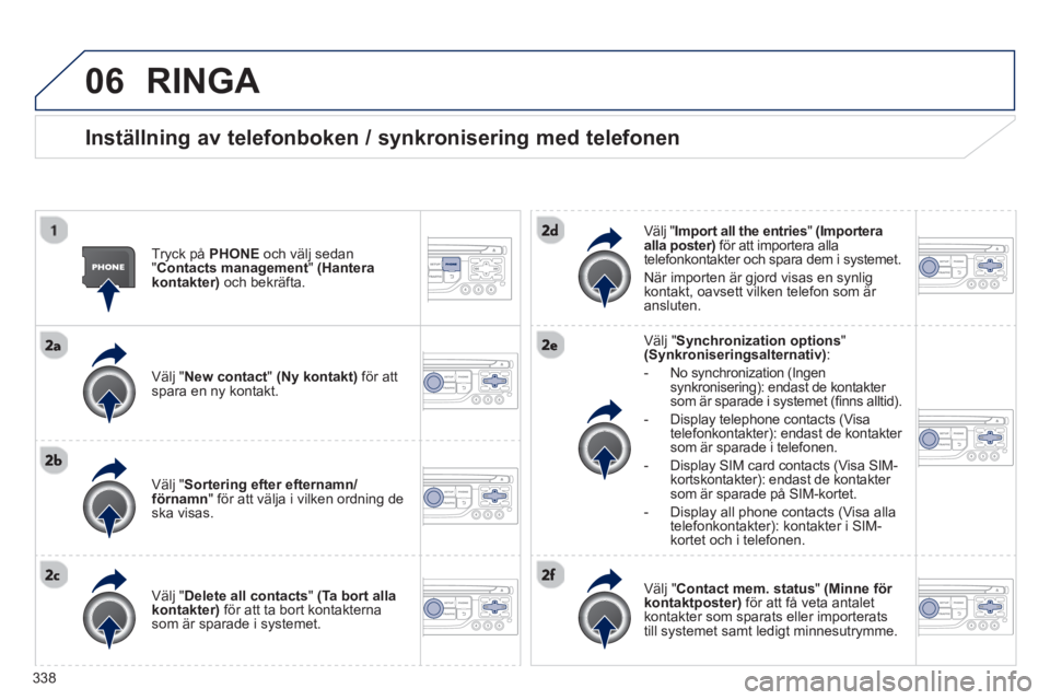 PEUGEOT 5008 2014  Bruksanvisningar (in Swedish) 338
06  RINGA 
 
 
Inställning av telefonboken / synkronisering med telefonen 
 
 
Tryck på  PHONE 
 och välj sedan 
" Contacts management 
"  (Hantera 
kontakter) 
 och bekräfta.  
   
Välj " Ne