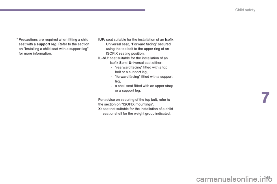 PEUGEOT 5008 2013.5  Owners Manual 7
Child safety149
  *  Precautions are required when fitting a child seat with a  support leg . Refer to the section on "Installing a child seat with a support leg" for more information.  
I UF:   sea