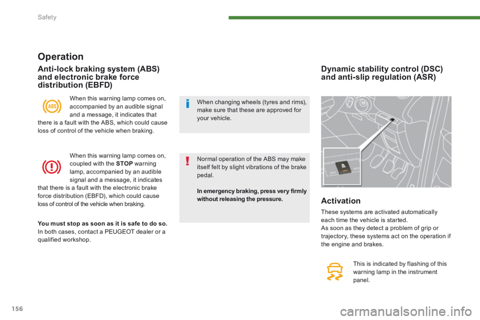 PEUGEOT 5008 2013.5  Owners Manual Safety
156
  Operation 
 When this warning lamp comes on, accompanied by an audible signal and a message, it indicates that there is a fault with the ABS, which could cause loss of control of the vehi