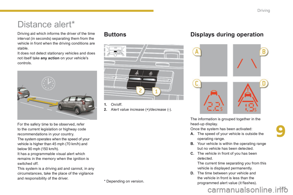 PEUGEOT 5008 2013.5  Owners Manual 9
Driving175
      
Distance  alert *  
 For the safety time to be observed, refer to the current legislation or highway code recommendations in your country.  The system operates when the speed of yo