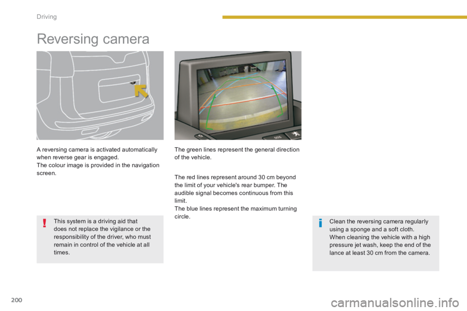 PEUGEOT 5008 2013.5  Owners Manual Driving
200
         Reversing  camera  
  A reversing camera is activated automatically when reverse gear is engaged.  The colour image is provided in the navigation screen.  
  This system is a driv