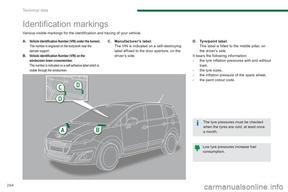 PEUGEOT 5008 2013.5  Owners Manual Technical data
264
                        Identiﬁ cation markings 
A.Vehicle Identification Number (VIN) under the bonnet.       This number is engraved on the bodywork near the damper support. B. 