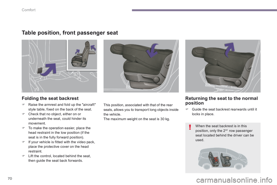 PEUGEOT 5008 2013.5  Owners Manual Comfort
70
Table position, front passenger seat 
  This position, associated with that of the rear seats, allows you to transport long objects inside the vehicle.  The maximum weight on the seat is 30