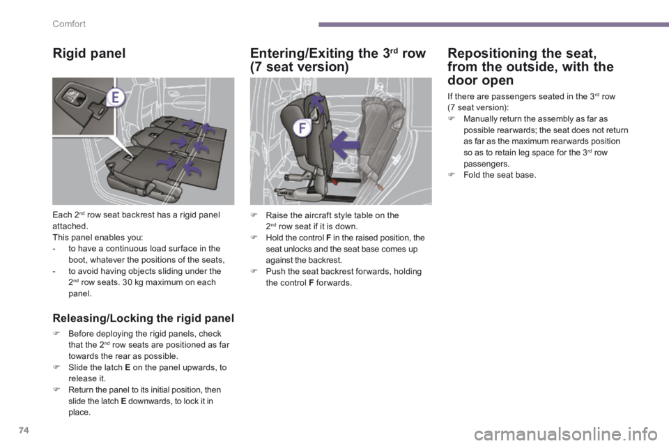 PEUGEOT 5008 2013.5  Owners Manual Comfort
74
Rigid panel 
 Each 2 nd  row seat backrest has a rigid panel attached.  This panel enables you:    -   to have a continuous load sur face in the boot, whatever the positions of the seats,  