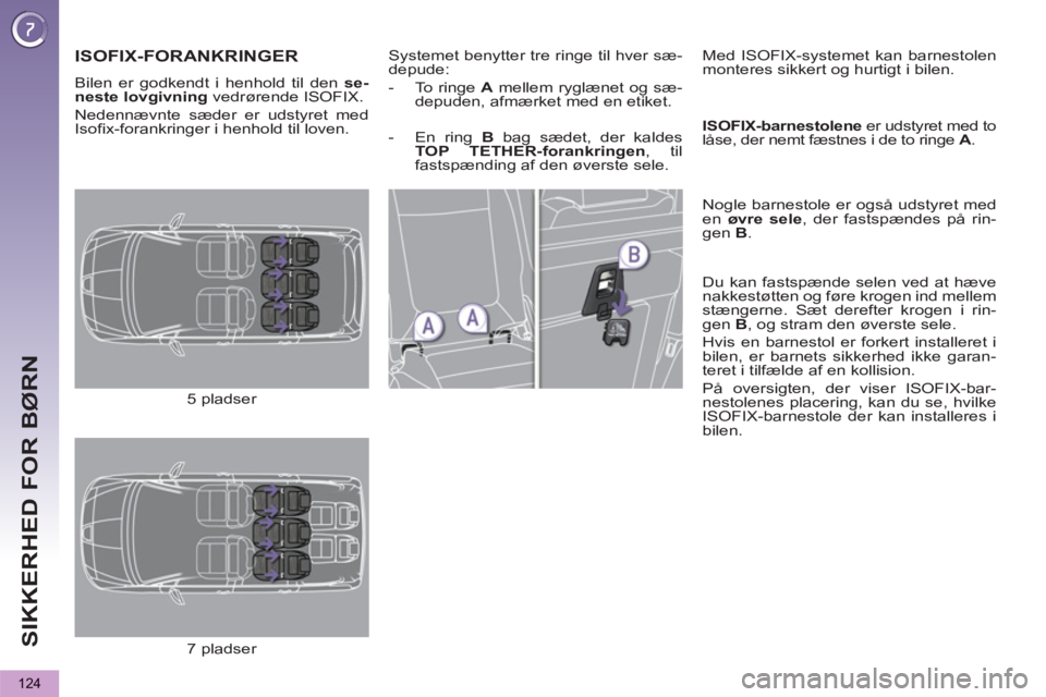 PEUGEOT 5008 2013  Brugsanvisning (in Danish) SIKKERHED FOR BØRN
124
ISOFIX-FORANKRINGER   
 
Systemet benytter tre ringe til hver sæ-
depude: 
   
 
-   To ringe  A 
 mellem ryglænet og sæ-
depuden, afmærket med en etiket.  
    
Med ISOFIX