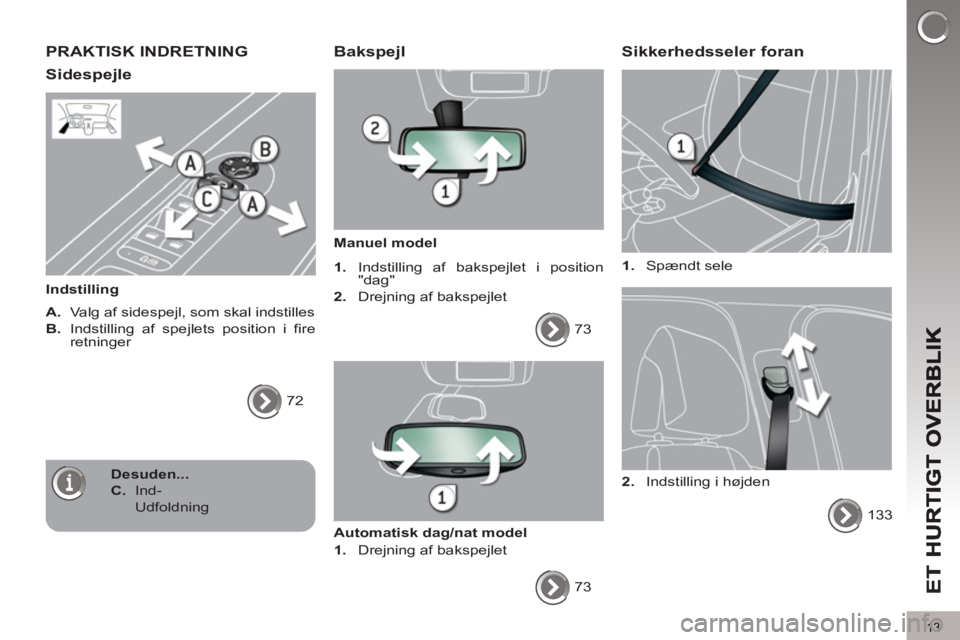 PEUGEOT 5008 2013  Brugsanvisning (in Danish) 13
PRAKTISK INDRETNING
Sidespe
jle 
   
Indstilling 
   
A.  
Valg af sidespejl, som skal indstilles 
   
B. 
  Indstilling af spejlets position i fire 
retninger 
  72  
 
 
 Bakspejl
 
 
Manuel mode