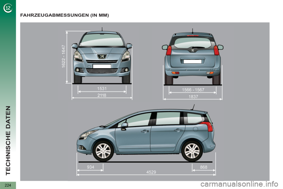 PEUGEOT 5008 2013  Betriebsanleitungen (in German) TECHNISCHE DATEN
224
FAHRZEUGABMESSUNGEN (IN MM) 
