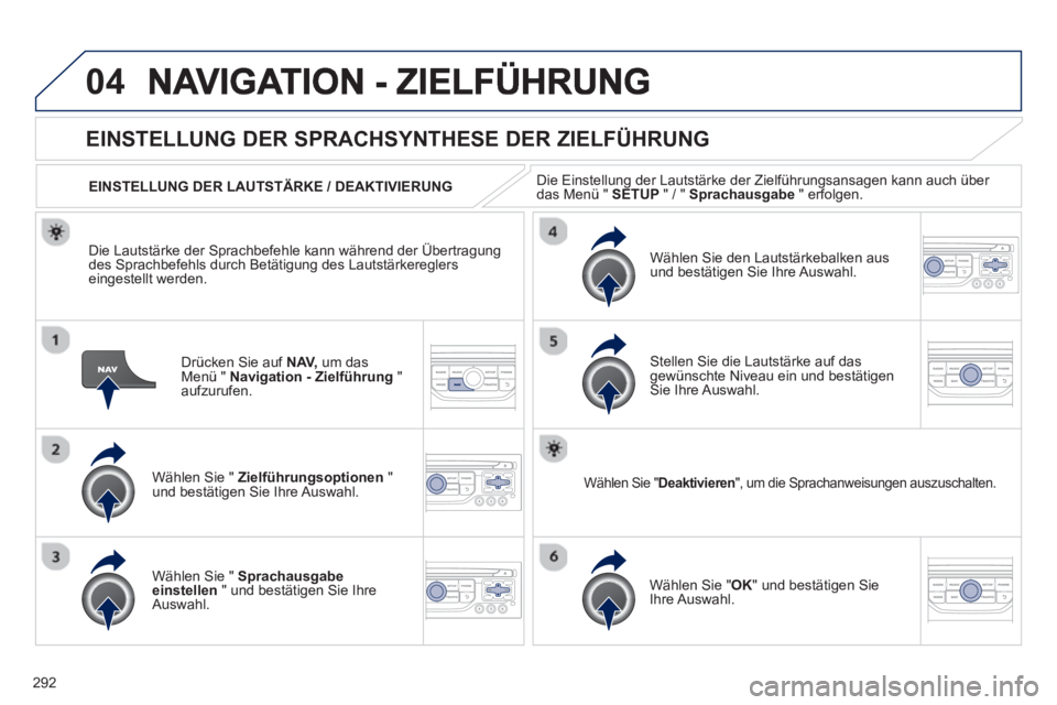 PEUGEOT 5008 2013  Betriebsanleitungen (in German) 292
04
Drücken Sie auf  NAV,um das Menü "  Navigation - Zielführung 
 " aufzurufen.
EINSTELLUNG DER SPRACHSYNTHESE DER ZIELFÜHRUNG 
Wählen Sie "  Zielführungsoptionen 
 " und bestätigen Sie Ihr