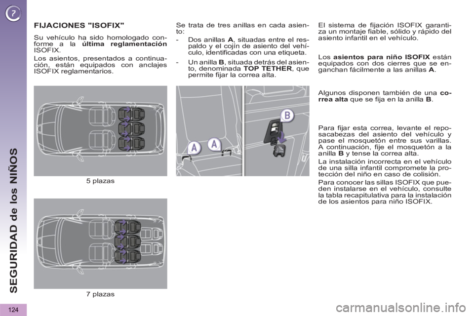 PEUGEOT 5008 2013  Manual del propietario (in Spanish) SEGURIDAD de los NIÑOS
124
   
 
 
 
 
 
 
 
 
 
FIJACIONES "ISOFIX"   
 
Se trata de tres anillas en cada asien-
to: 
   
 
-   Dos anillas  A 
, situadas entre el res-
paldo y el cojín de asiento 