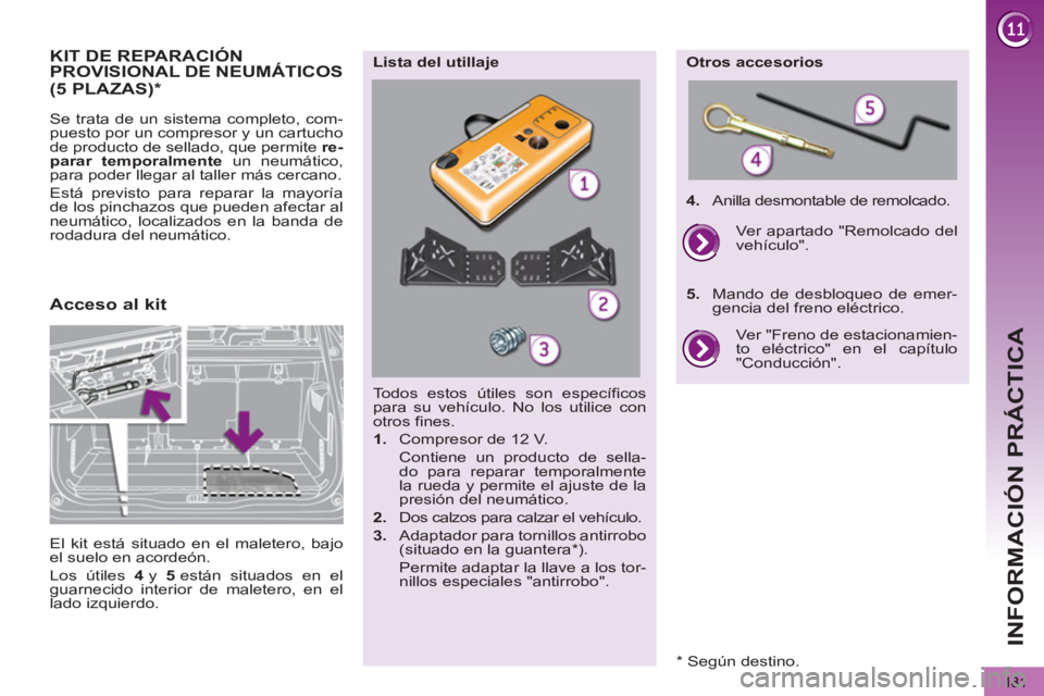 PEUGEOT 5008 2013  Manual del propietario (in Spanish)  
INFORMACIÓN PRÁCTICA
181
KIT DE REPARACIÓN PROVISIONAL DE NEUMÁTICOS
   
Se trata de un sistema completo, com-
puesto por un compresor y un cartucho 
de producto de sellado, que permite  re-
par