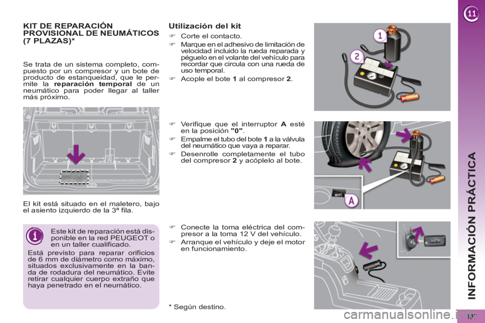 PEUGEOT 5008 2013  Manual del propietario (in Spanish) INFORMACIÓN PRÁCTICA
187
KIT DE REPARACIÓN PROVISIONAL DE NEUMÁTICOS
  El kit está situado en el maletero, bajo 
el asiento izquierdo de la 3ª fila. 
   
Utilización del kit 
 
 
*  
 Según de