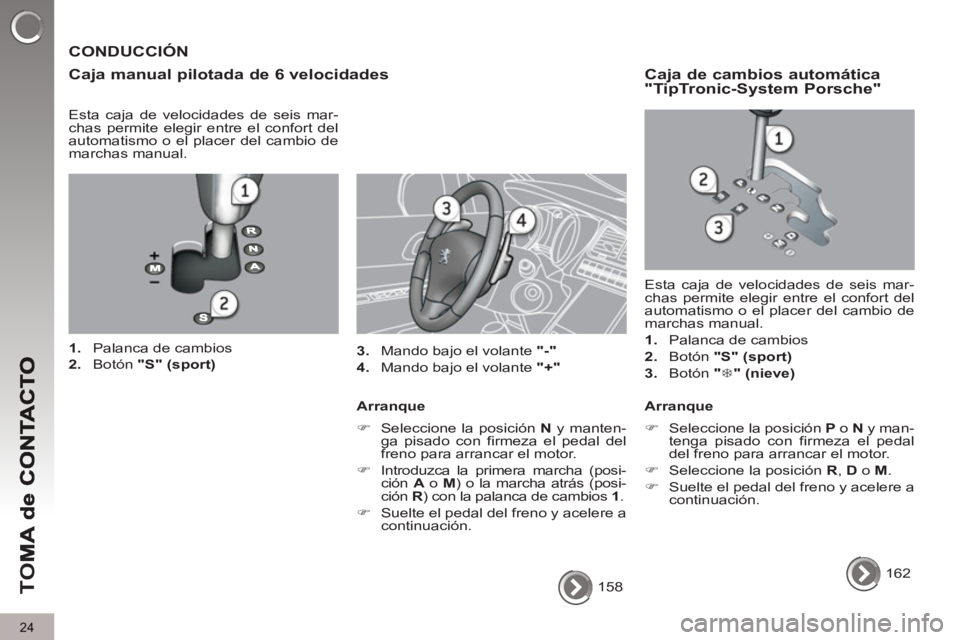 PEUGEOT 5008 2013 Manual del propietario (in Spanish) TO
M
24
158
CONDUCCIÓN
Ca
ja manual pilotada de 6 velocidades
Esta caja de velocidades de seis mar-
chas permite elegir entre el confort del
automatismo o el placer del cambio de
PEUGEOT 5008 2013 Manual del propietario (in Spanish) TO
M
24
158
CONDUCCIÓN
Ca
ja manual pilotada de 6 velocidades
Esta caja de velocidades de seis mar-
chas permite elegir entre el confort del
automatismo o el placer del cambio de