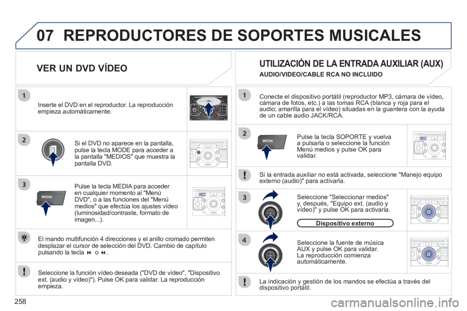 PEUGEOT 5008 2013  Manual del propietario (in Spanish) 258
07
MEDIA
2ABC3DEF5JKL4GHI6MNO8TUV7PQRS9WXYZ0*#
1RADIO MEDIANAV ESC TRAFFIC
SETUPADDR
BOOK
MEDIA
2ABC3DEF5JKL4GHI6MNO8TUV7PQRS9WXYZ0*#
1RADIO MEDIANAV TRAFFIC
SETUPADDR
BOOK
2ABC3DEF5JKL4GHI6MNO8TU