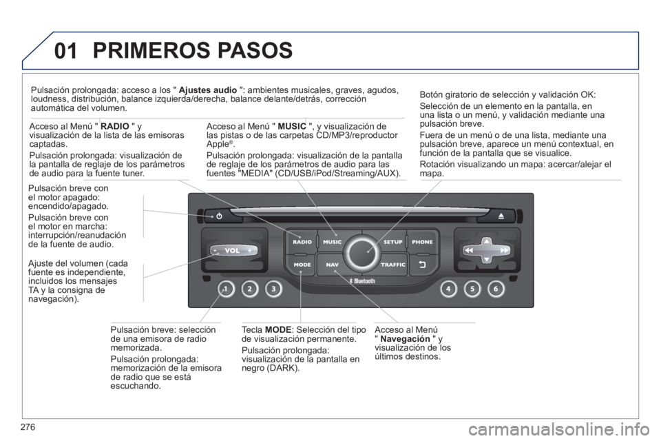 PEUGEOT 5008 2013  Manual del propietario (in Spanish) 276
01  PRIMEROS PASOS
 
 
Acceso al Menú 
"  Navegación" y
vi
sualización de los últimos destinos.   P
ulsación breve con el motor apagado:encendido/apagado. 
P
ulsación breve con el motor en m