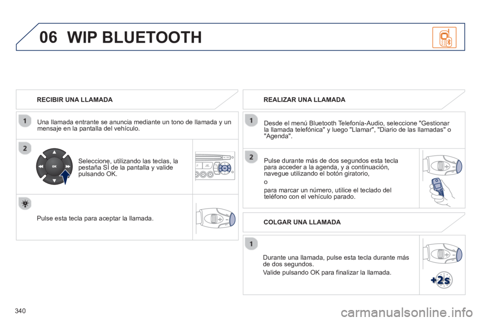PEUGEOT 5008 2013  Manual del propietario (in Spanish) 340
06
   
RECIBIR UNA LLAMADA  
   
Una llamada entrante se anuncia mediante un tono de llamada 
y un mensaje en la pantalla del vehículo.
 
 
Seleccione, utilizando las teclas, lapestaña SÍ de la