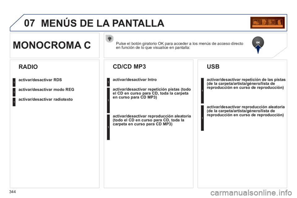 PEUGEOT 5008 2013  Manual del propietario (in Spanish) 344
07MENÚS DE LA PANTALLA 
Pulse el botón giratorio OK para acceder a los menús de acceso directo en función de lo que visualice en pantalla:MONOCROMA C 
activar/desactivar RDS
activar/desactivar