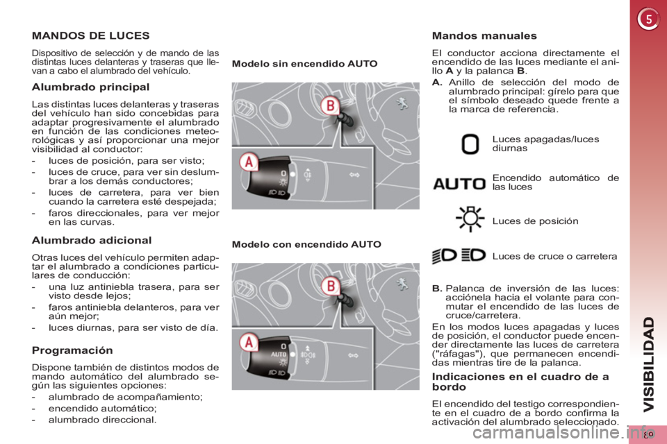 PEUGEOT 5008 2013 Manual del propietario (in Spanish) 89
MANDOS DE LUCES
Dispositivo de selección y de mando de las
distintas luces delanteras y traseras que lle-
van a cabo el alumbrado del vehículo.
Alumbrado principal
Las distintas luces del PEUGEOT 5008 2013 Manual del propietario (in Spanish) 89
MANDOS DE LUCES
Dispositivo de selección y de mando de las
distintas luces delanteras y traseras que lle-
van a cabo el alumbrado del vehículo.
Alumbrado principal
Las distintas luces del