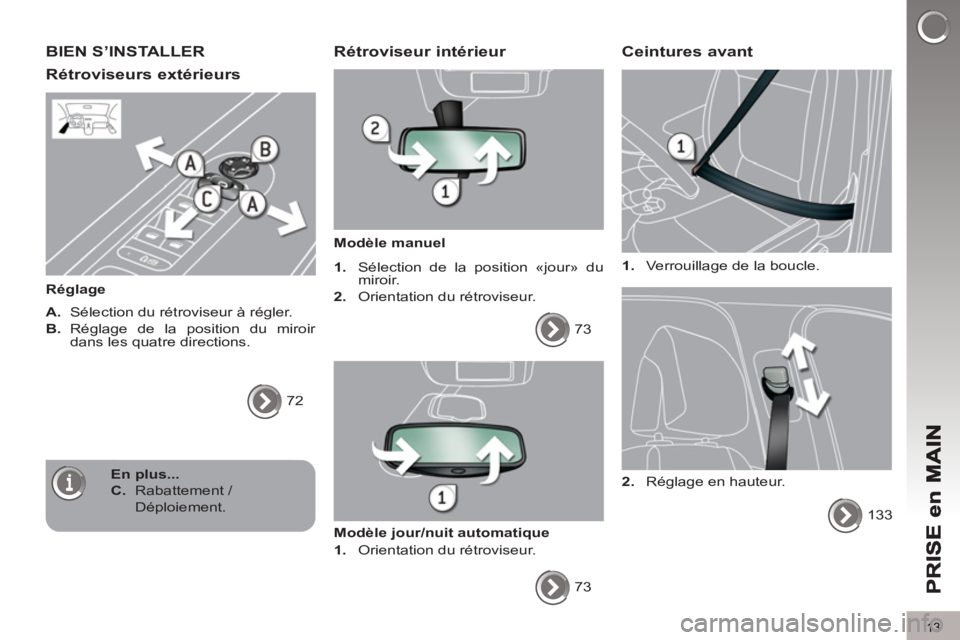 PEUGEOT 5008 2013  Manuel du propriétaire (in French) 13
BIEN S’INSTALLER 
Rétroviseurs extérieurs 
   
Réglage 
   
A. 
  Sélection du rétroviseur à régler. 
   
B. 
  Réglage de la position du miroir 
dans les quatre directions. 
  72  
 
 
 