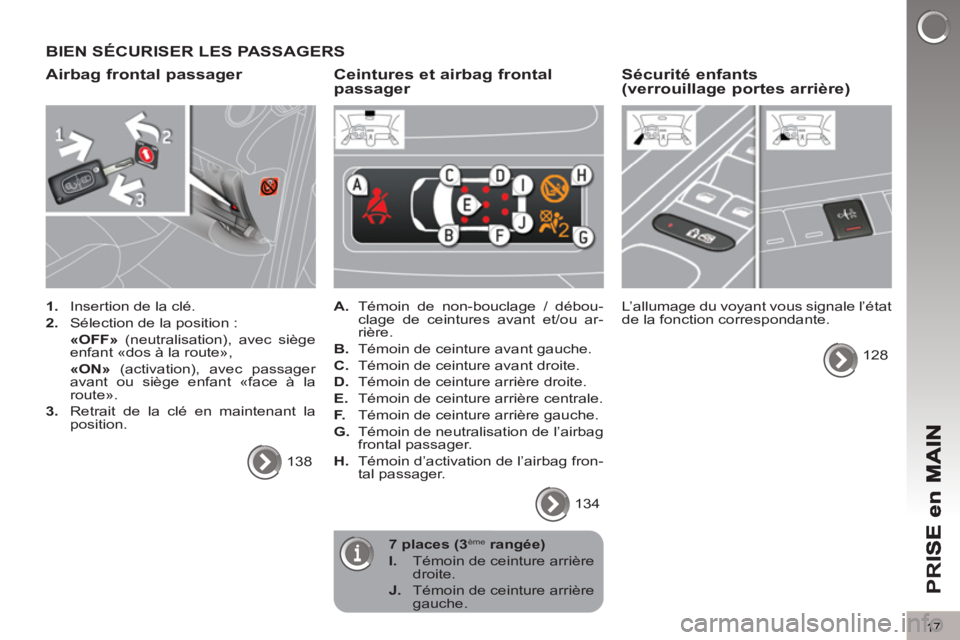 PEUGEOT 5008 2013  Manuel du propriétaire (in French) PR
I
17
BIEN SÉCURISER LES PASSAGERS
Airbag frontal passager 
   
 
1. 
  Insertion de la clé. 
   
2. 
  Sélection de la position :  
   «OFF» 
 (neutralisation), avec siège 
enfant «dos à la