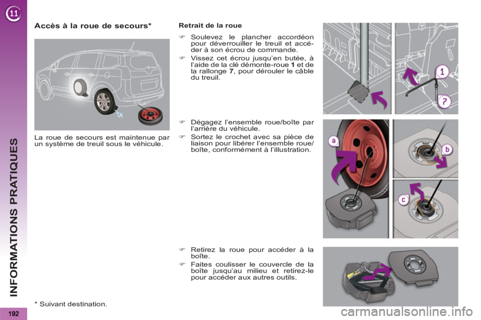 PEUGEOT 5008 2013  Manuel du propriétaire (in French) INFORMATIONS PRATIQUES
   
 
 
 
 
 
 
 
 
 
 
 
 
 
 
Accès à la roue de secours *  
 
La roue de secours est maintenue par 
un système de treuil sous le véhicule.    
Retrait de la roue 
   
 
�
