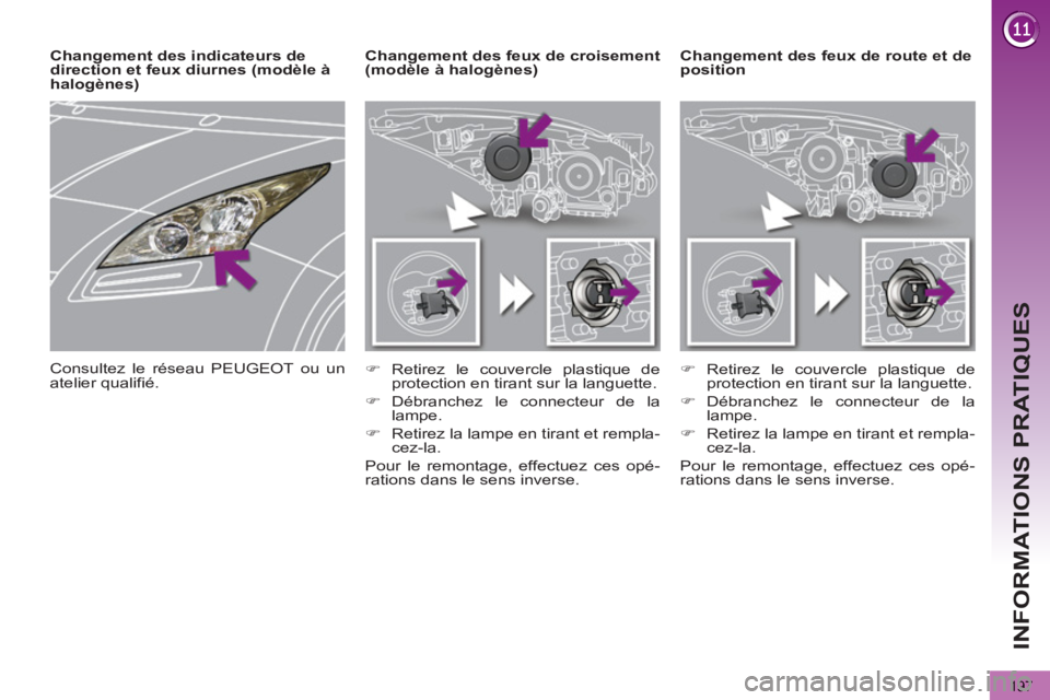 PEUGEOT 5008 2013  Manuel du propriétaire (in French) INFORMATIONS PRATIQUES
197
   
 
 
 
 
 
 
 
Changement des feux de route et de 
position     
 
 
 
 
 
 
Changement des feux de croisement 
(modèle à halogènes) 
   
 
�) 
 Retirez le couvercle p