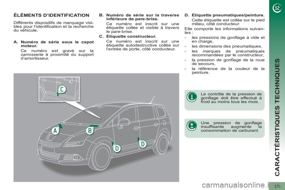 PEUGEOT 5008 2013  Manuel du propriétaire (in French) CARACTÉRISTIQUES TECHNIQUES
225
ÉLÉMENTS D’IDENTIFICATION
  Différents dispositifs de marquage visi-
bles pour l’identification et la recherche 
du véhicule.  
   
Une pression de gonflage 
i