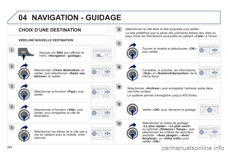 PEUGEOT 5008 2013 Manuel du propriétaire (in French) 282
04
Appuyer sur NAV
pour afficher le menu « Navigation - guidage».
VERS UNE NOUVELLE DESTINATION
NAVIGATION - GUIDAGE
CHOIX D’UNE DESTINATION
Sélectionner « Choix destination
PEUGEOT 5008 2013 Manuel du propriétaire (in French) 282
04
Appuyer sur NAV
pour afficher le menu « Navigation - guidage».
VERS UNE NOUVELLE DESTINATION
NAVIGATION - GUIDAGE
CHOIX D’UNE DESTINATION
Sélectionner « Choix destination