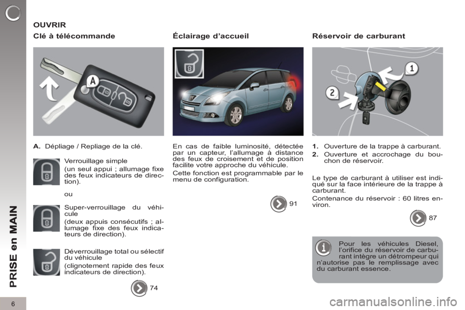 PEUGEOT 5008 2013 Manuel du propriétaire (in French) PR
I
6
OUVRIR
Clé à télécommande
A.
Dépliage / Repliage de la clé.
Verrouillage simple
(un seul appui ; allumage fixe
des feux indicateurs de direc-
tion).
Super-verrou PEUGEOT 5008 2013 Manuel du propriétaire (in French) PR
I
6
OUVRIR
Clé à télécommande
A.
Dépliage / Repliage de la clé.
Verrouillage simple
(un seul appui ; allumage fixe
des feux indicateurs de direc-
tion).
Super-verrou