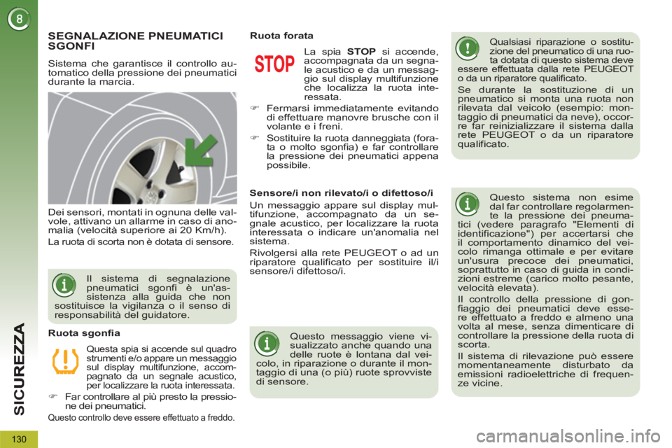 PEUGEOT 5008 2013  Manuale duso (in Italian) SI
C
130
SEGNALAZIONE PNEUMATICI
SGONFI 
  Sistema che garantisce il controllo au-
tomatico della pressione dei pneumatici 
durante la marcia. 
   
Qualsiasi riparazione o sostitu-
zione del pneumatic