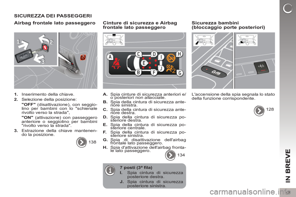 PEUGEOT 5008 2013  Manuale duso (in Italian) IN B
17
SICUREZZA DEI PASSEGGERI
Airbag frontale lato passeggero 
   
 
1. 
  Inserimento della chiave. 
   
2. 
  Selezione della posizione:  
  "OFF" 
 (disattivazione), con seggio-
lino per bambini