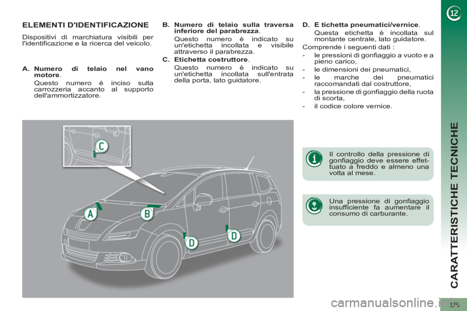 PEUGEOT 5008 2013 Manuale duso (in Italian) CARATTERISTICHE TECNICHE
225
ELEMENTI DIDENTIFICAZIONE
Dispositivi di marchiatura visibili per
lidentificazione e la ricerca del veicolo.
Una pressione di gonfiaggio
insufficiente fa aume PEUGEOT 5008 2013 Manuale duso (in Italian) CARATTERISTICHE TECNICHE
225
ELEMENTI DIDENTIFICAZIONE
Dispositivi di marchiatura visibili per
lidentificazione e la ricerca del veicolo.
Una pressione di gonfiaggio
insufficiente fa aume