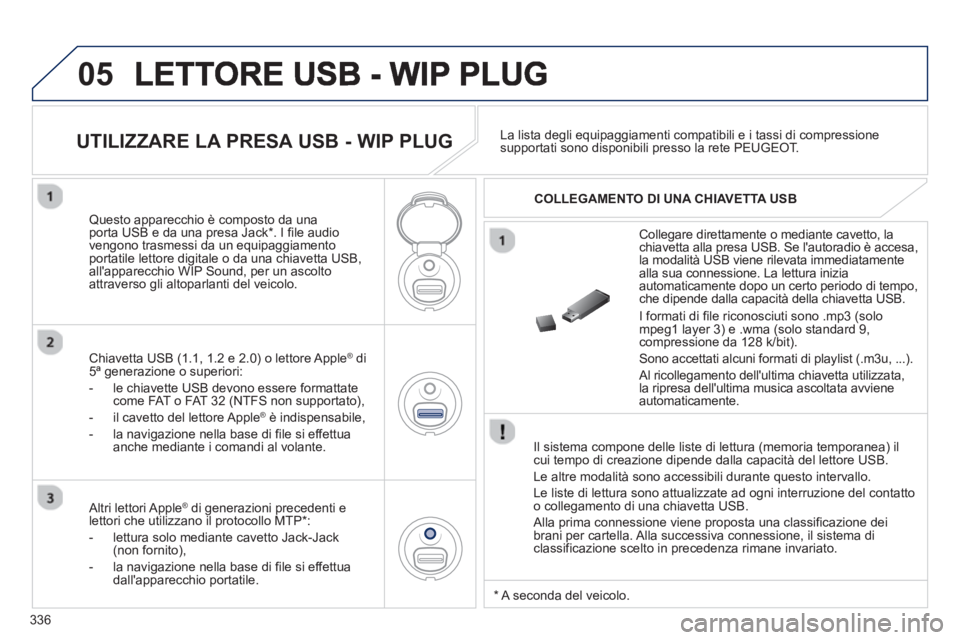 PEUGEOT 5008 2013  Manuale duso (in Italian) 336
05
   
Il sistema compone delle liste di lettura (memoria temporanea) ilcui tempo di creazione dipende dalla capacità del lettore USB. 
  Le altre modalità sono accessibili durante questo interv