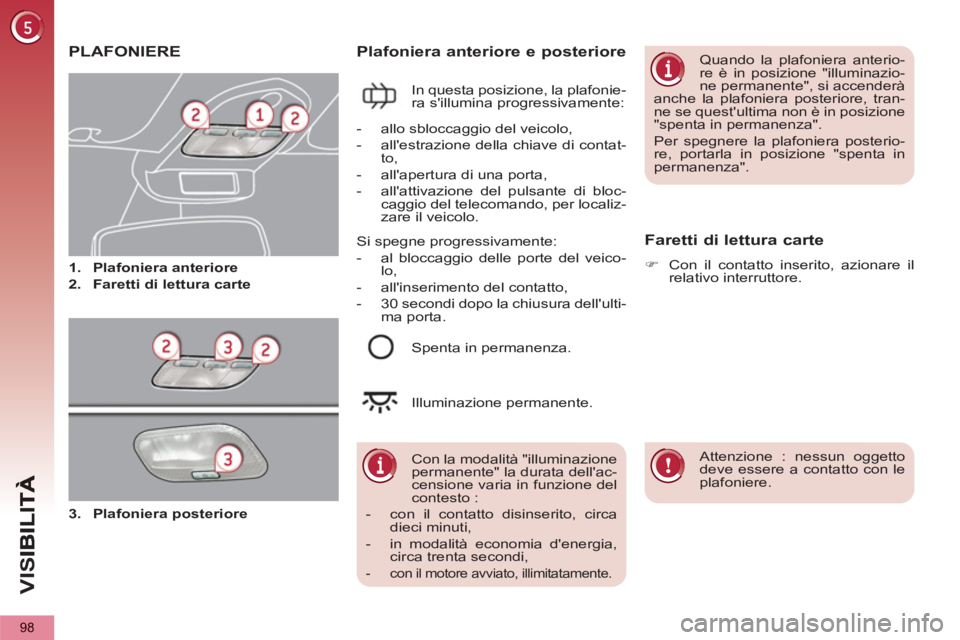 PEUGEOT 5008 2013  Manuale duso (in Italian) VIS
98
PLAFONIERE
   
 
 
1. 
  Plafoniera anteriore 
 
   
2. 
  Faretti di lettura carte 
 
Plafoniera anteriore e posteriore 
 
In questa posizione, la plafonie-
ra sillumina progressivamente: 
  