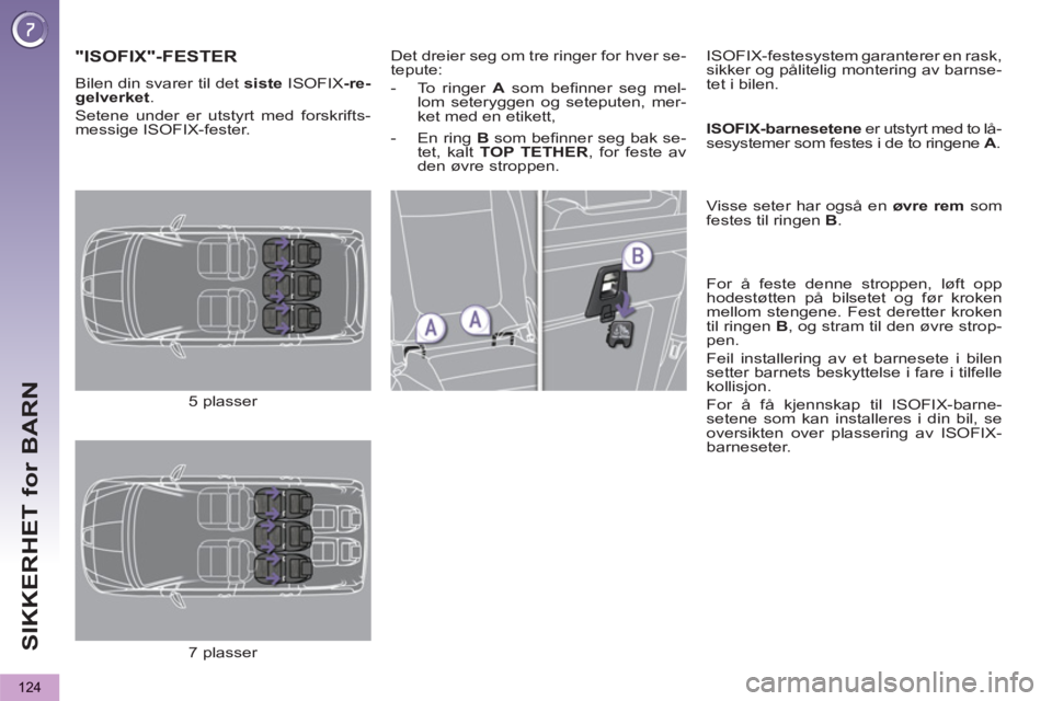 PEUGEOT 5008 2013  Instruksjoner for bruk (in Norwegian) SIKKERHET for BARN
124
   
 
 
 
 
 
 
 
 
 
"ISOFIX"-FESTER   
 
Det dreier seg om tre ringer for hver se-
tepute: 
   
 
-   To ringer  A 
 som beﬁ nner seg mel-
lom seteryggen og seteputen, mer-
