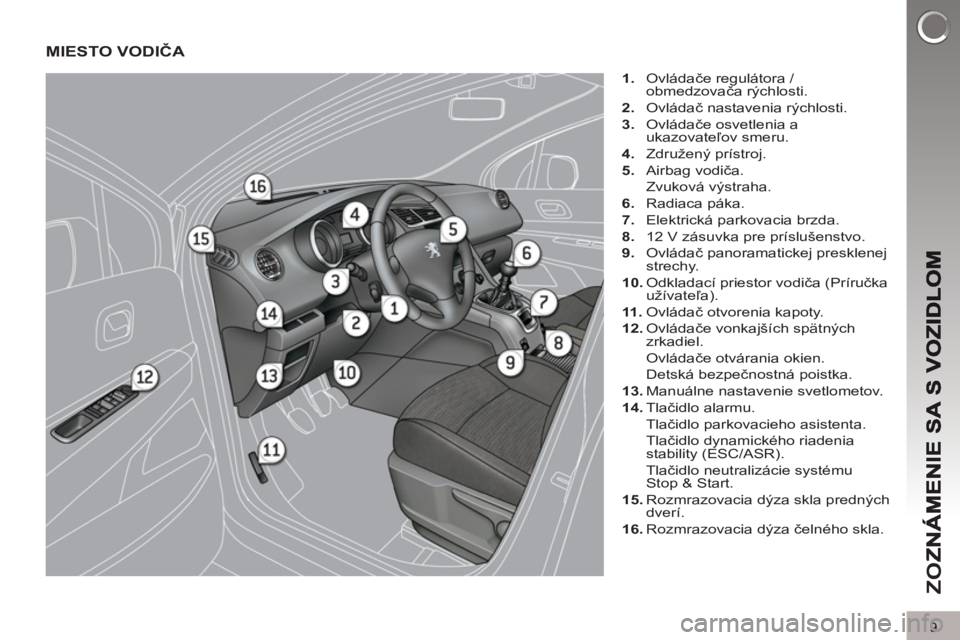 PEUGEOT 5008 2013  Návod na použitie (in Slovakian) ZO
Z
9
MIESTO VODIČA 
 
 
 
1. 
 Ovládače regulátora / 
obmedzovača rýchlosti. 
   
2. 
 Ovládač nastavenia rýchlosti. 
   
3. 
 Ovládače osvetlenia a 
ukazovateľov smeru. 
   
4. 
 Združ